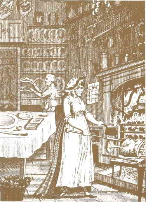 Una ricca cucina del XVIII secolo. Sul tavolo, un manuale dell'epoca o un quaderno di casa?